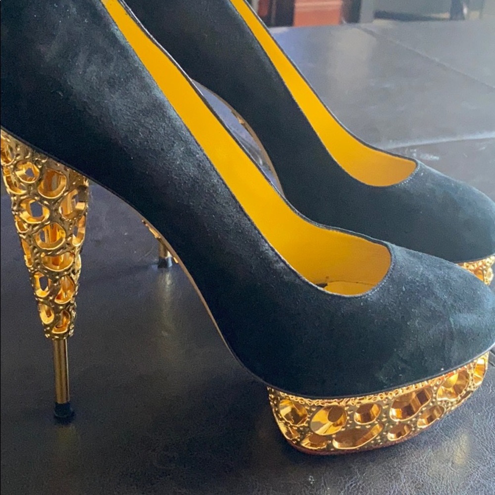 Charlotte Olympia Gold heels Black Sued